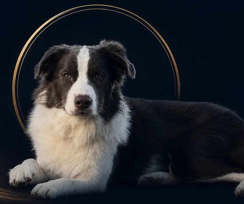 Berty, a black-and-white dog, lying down and looking straight at you, a gold ring behind him