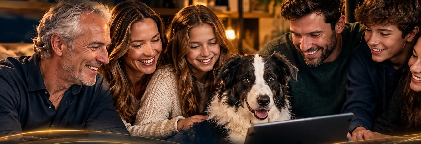 Three generations of a family laughing together around a tablet on the couch, with Berty the black-and-white dog in the middle